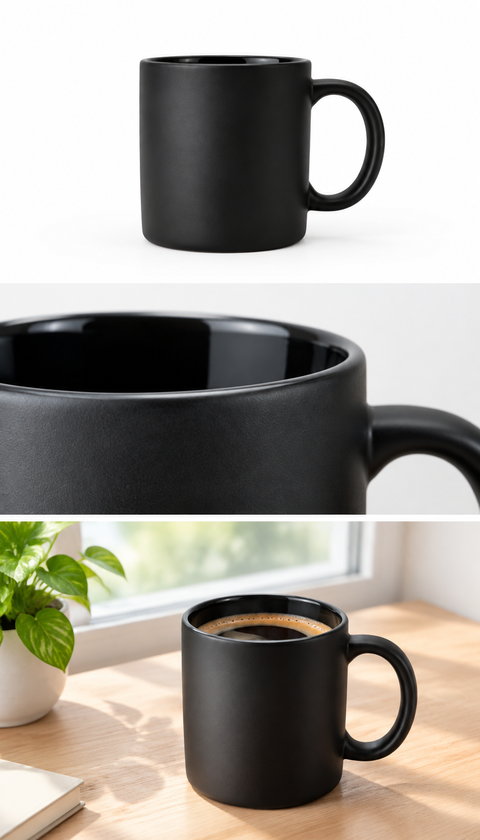 多视角图：黑色马克杯的多个视角